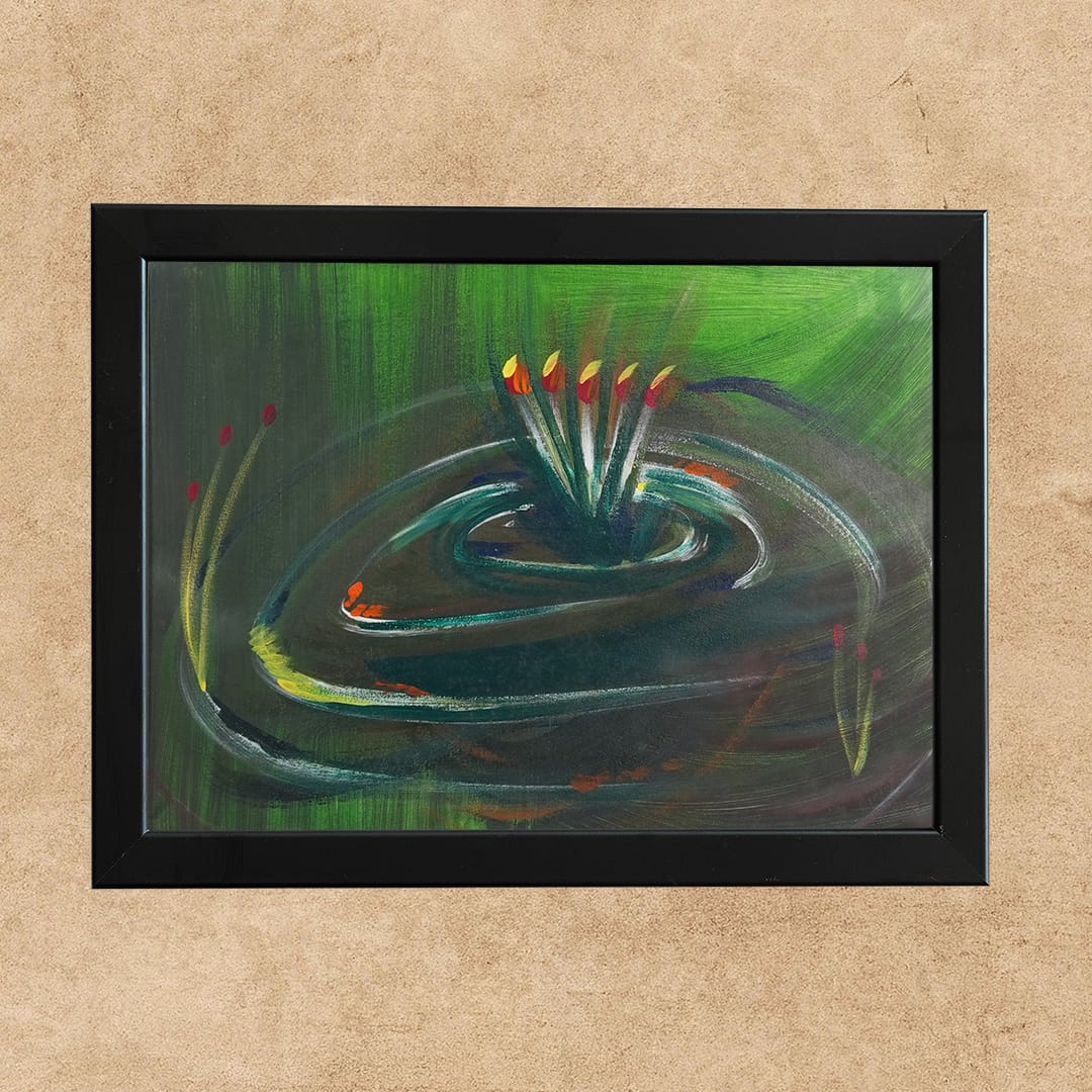 Dark painting of leaves emerging from circular ripples